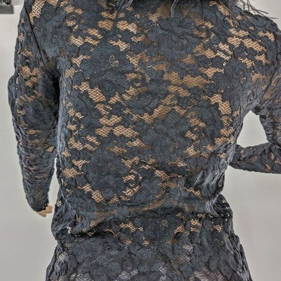Vintage 90s y2k Lace Top Feather Collar Whimsigoth Black Stretch Clueless M - Picture 5 of 11
